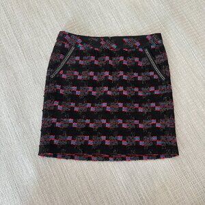 Trina Turk faux tweed, black & red patterned mini skirt, size 6
